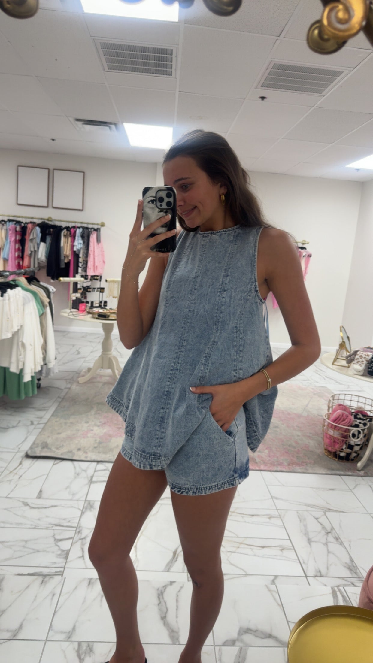 Denim Trapez Sleeveless Top and Shorts Set