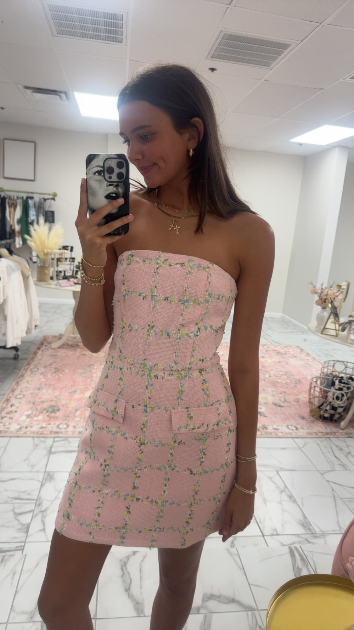 Pink Strapless Tweed Dress