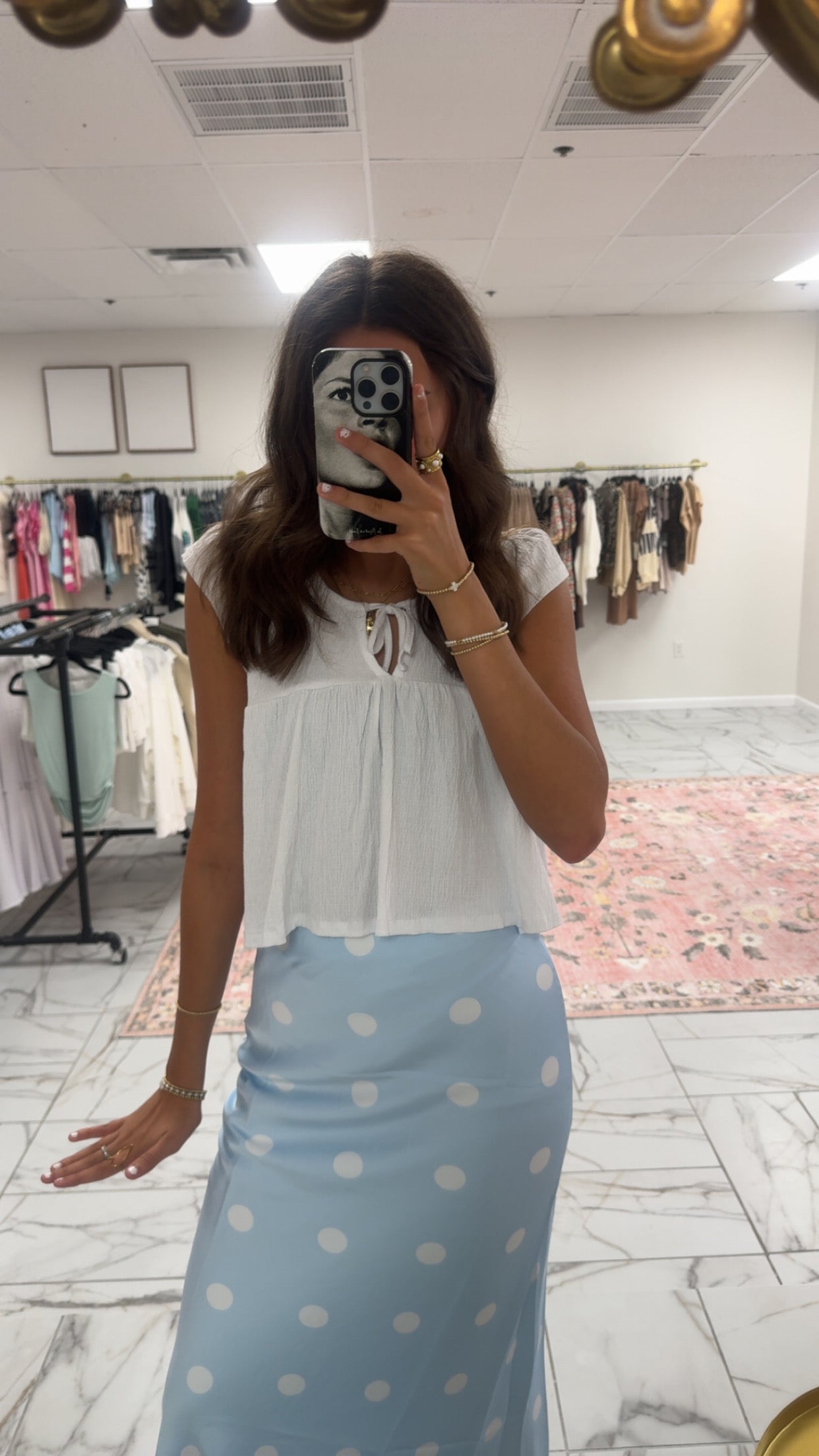 Light Blue Polka Dot Satin Midi Skirt