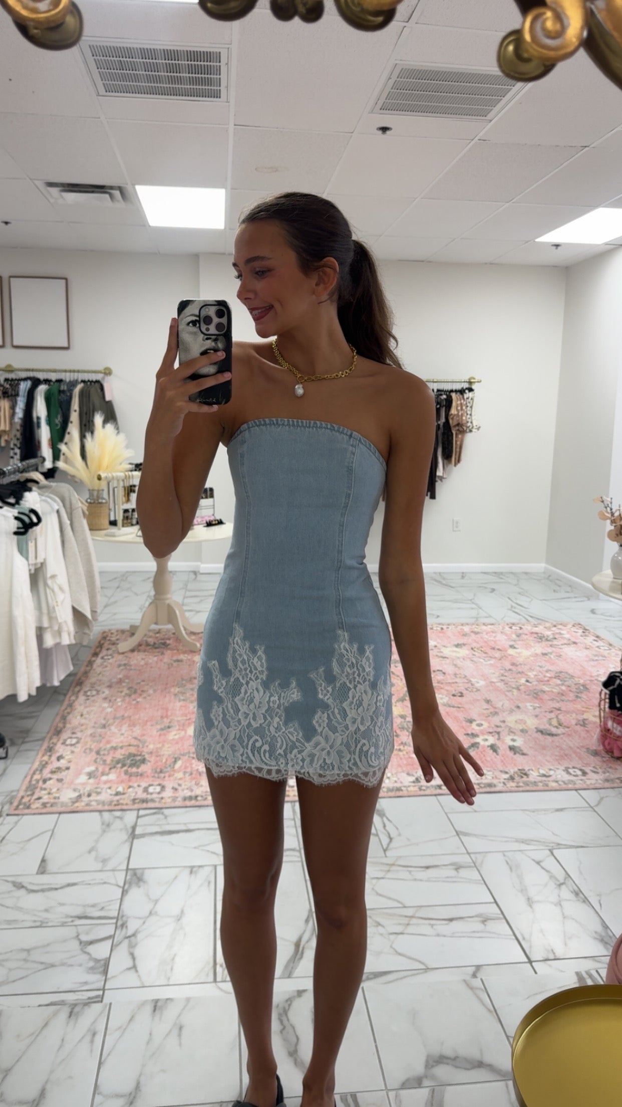 Denim and Lace Trim Dress