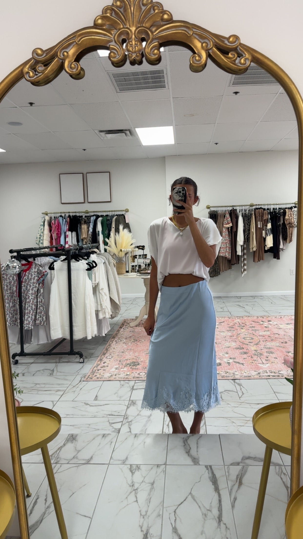 Blue Lace Satin Skirt