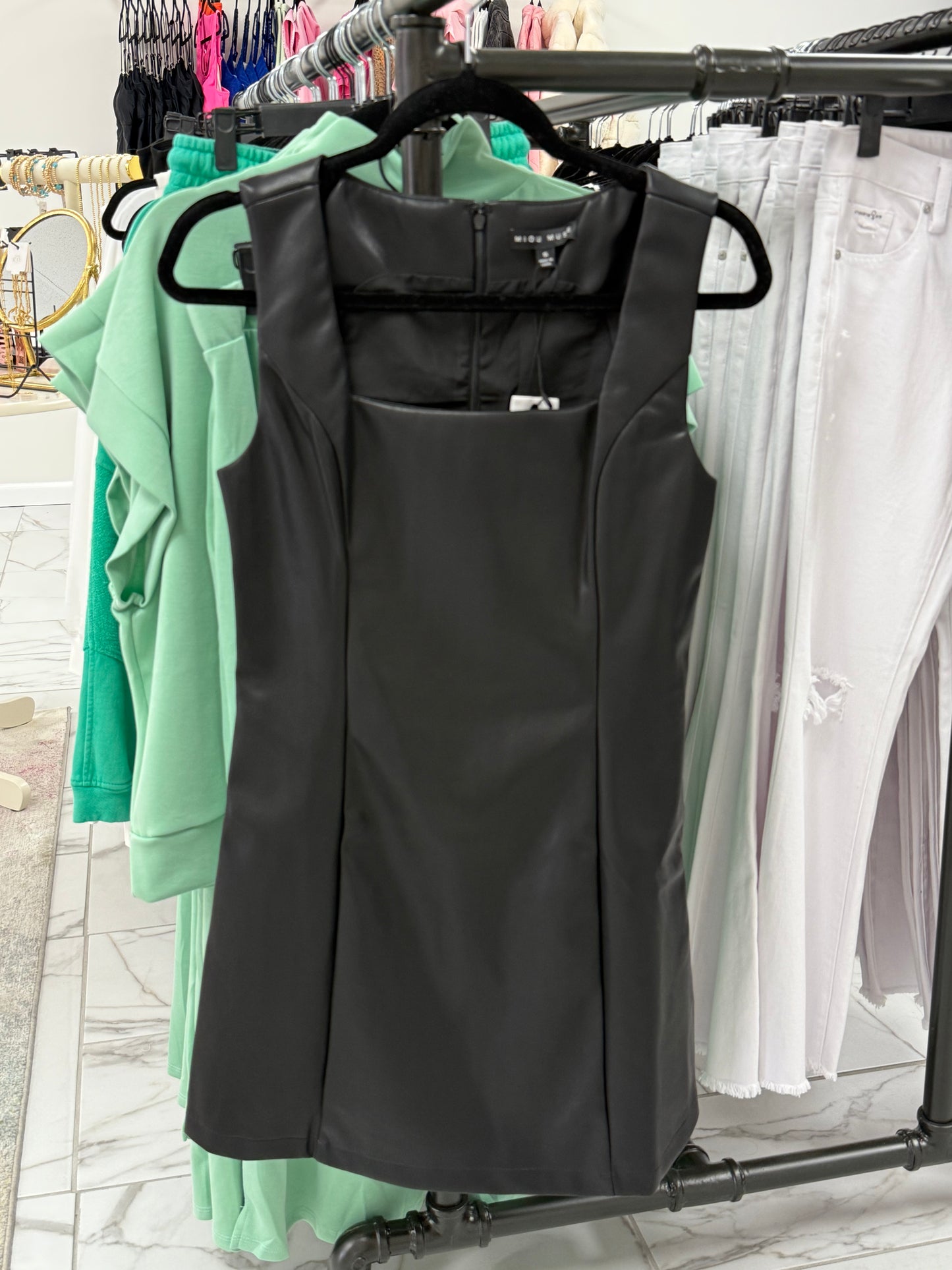 Square Neck Black Leather Dress