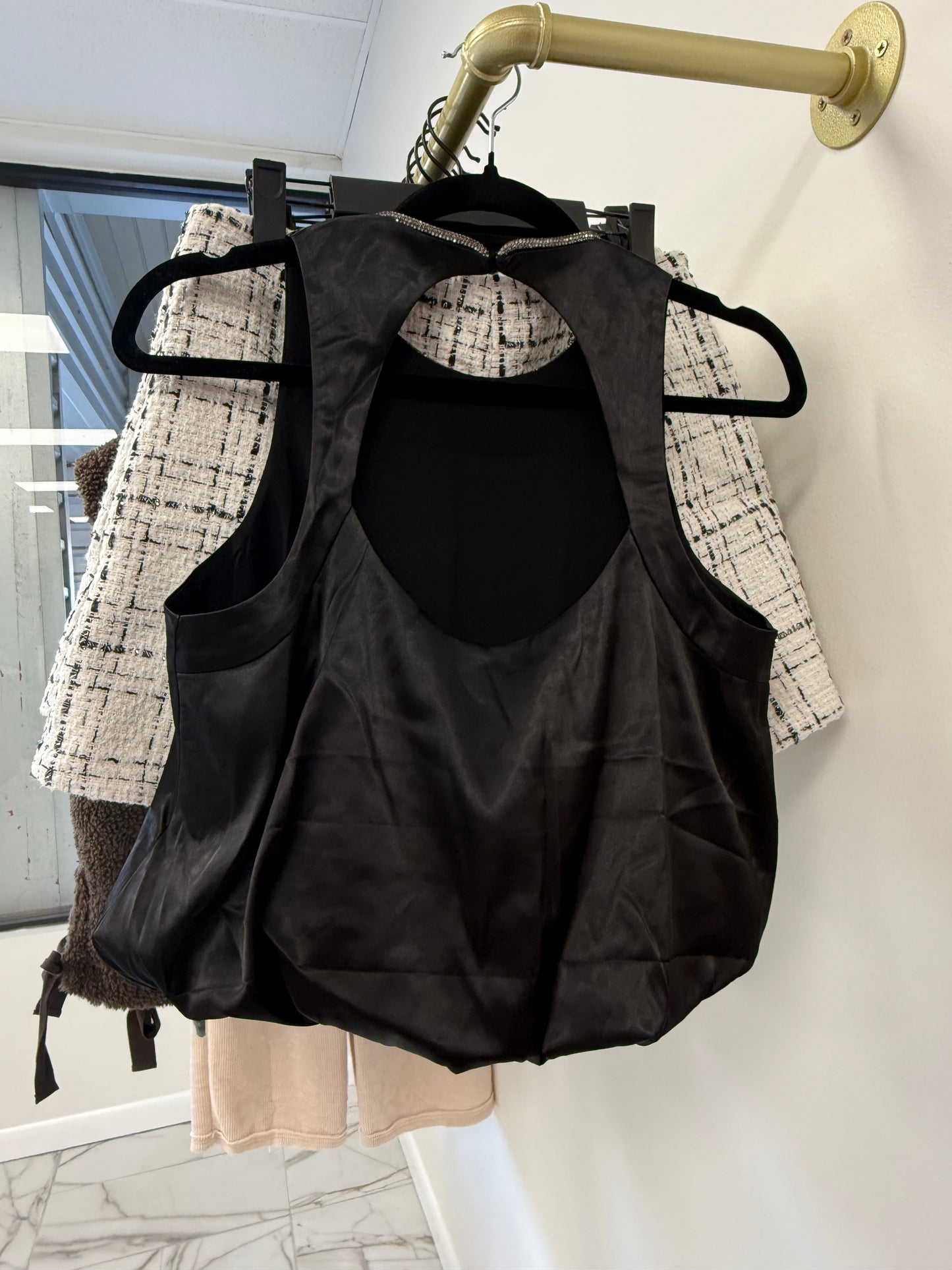 Black Rhinestone Trim Top