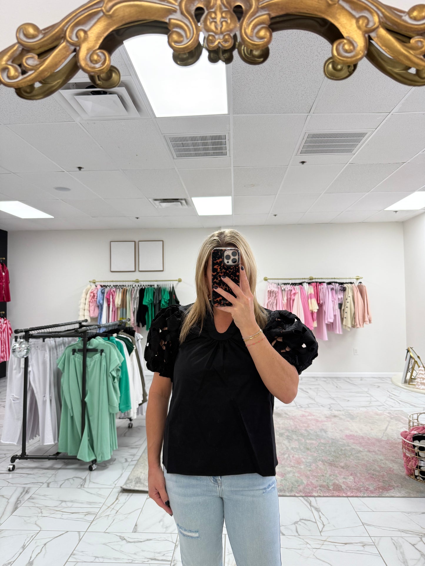 Eyelet Detail Puff Sleeve V-Neck Top