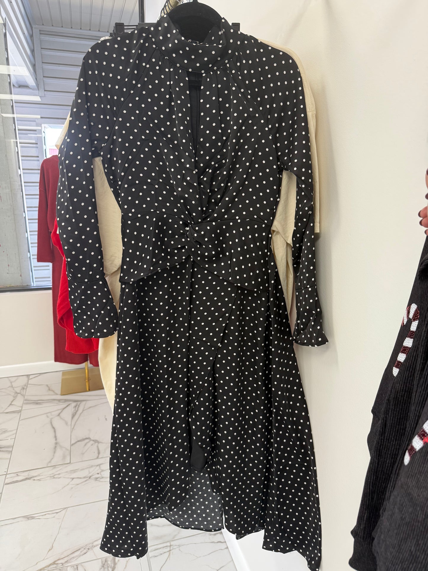 Polka Dot Mock Neck Asymmetrical Hem Dress