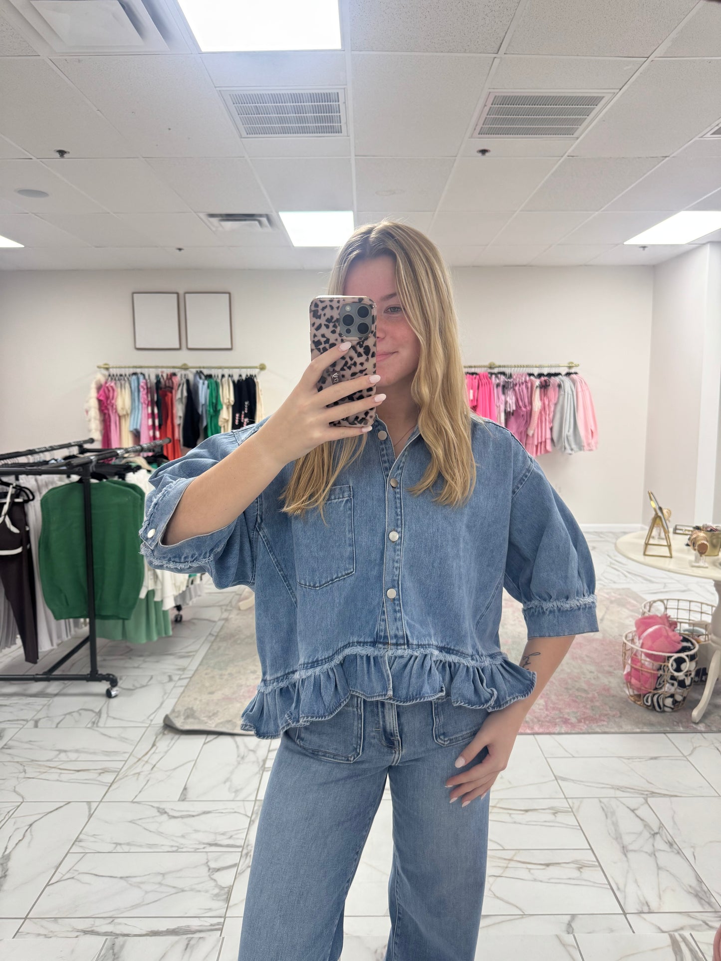 Denim Ruffle Hemline Top