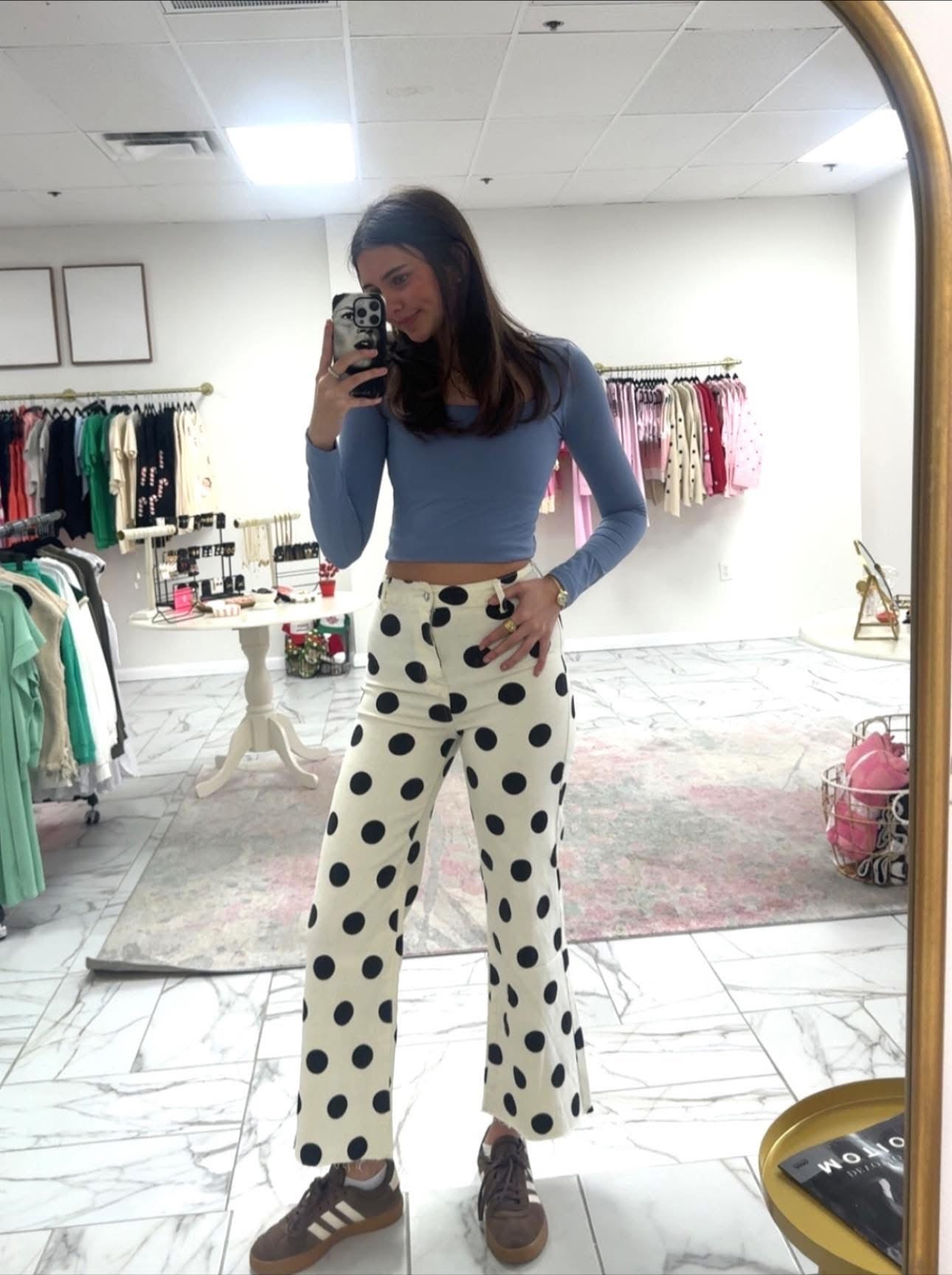 Big Polka Dot Stretchy Ivory Denim Pants