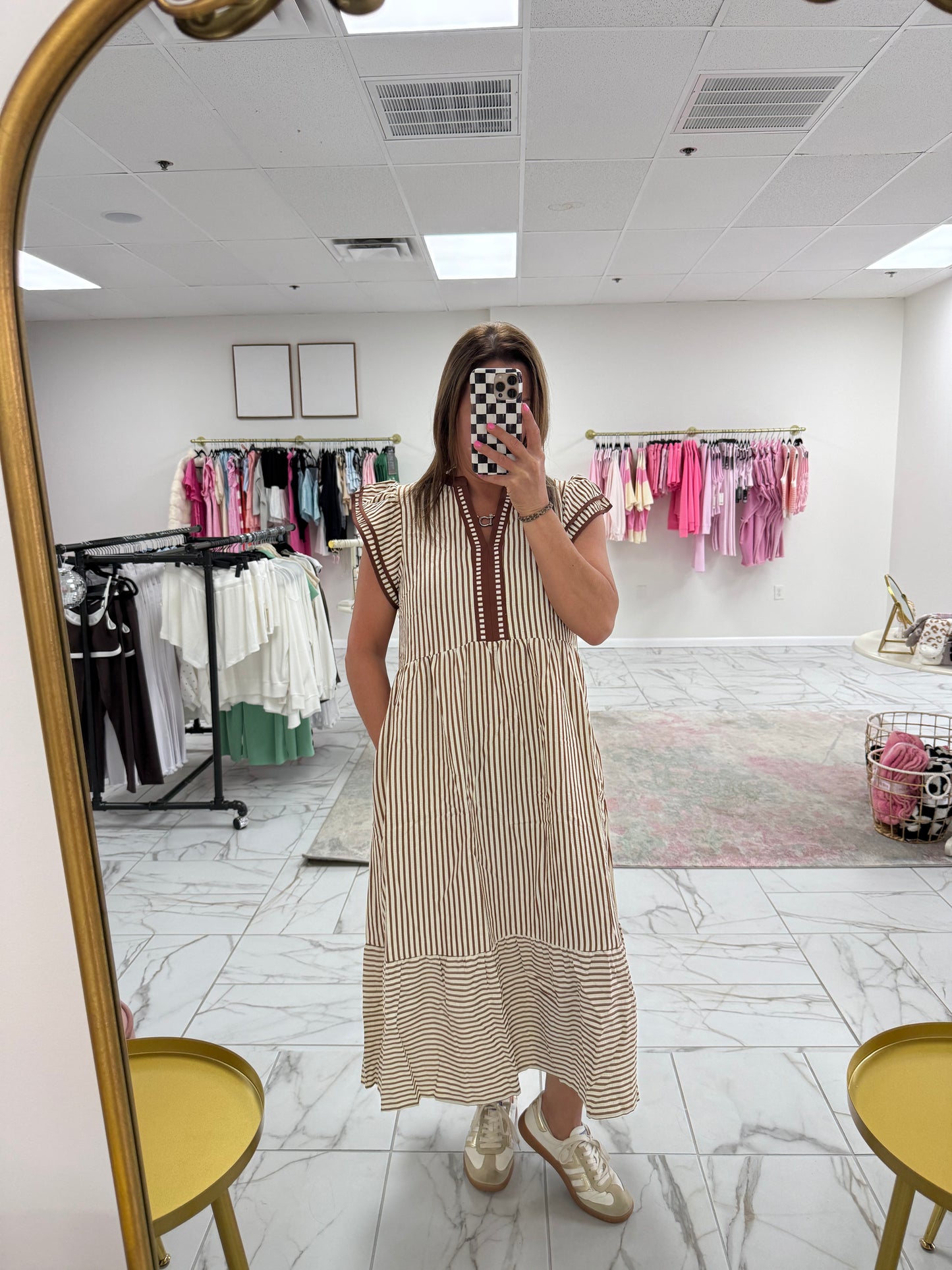 Brown Ruffled Stripe Contrast Trim V Neck Dress