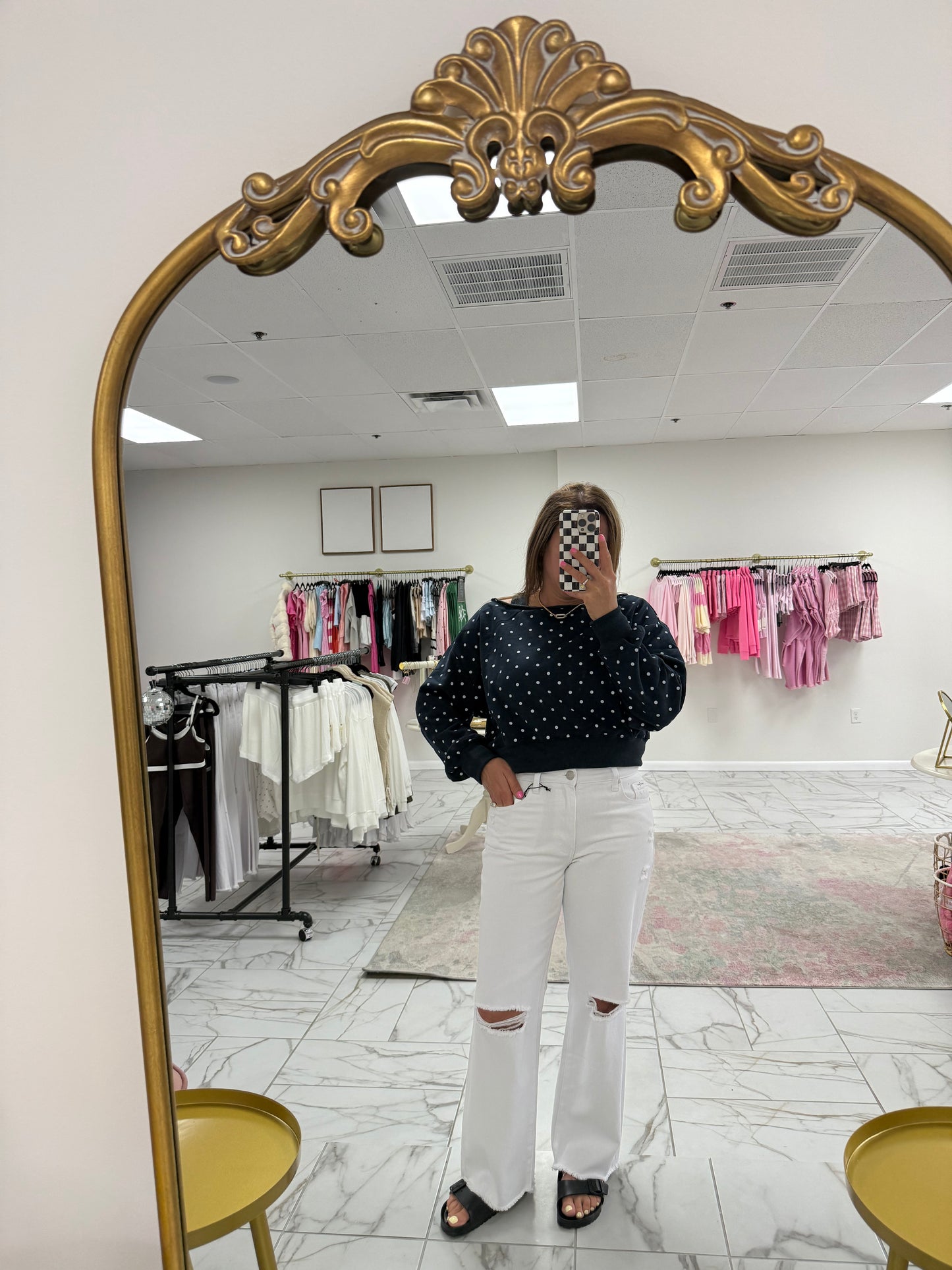 Navy Polka Dot Off Shoulder Sweatshirt