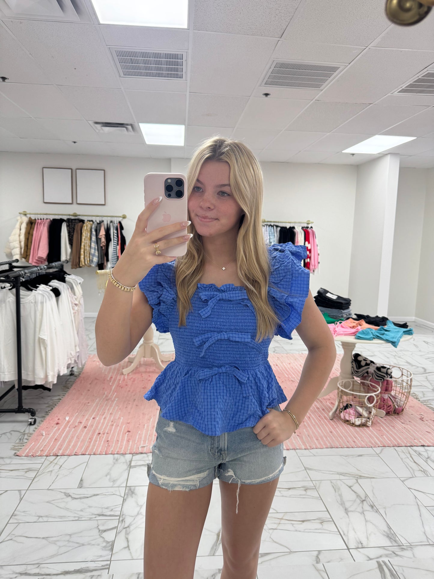 Blue Gingham Bow Top