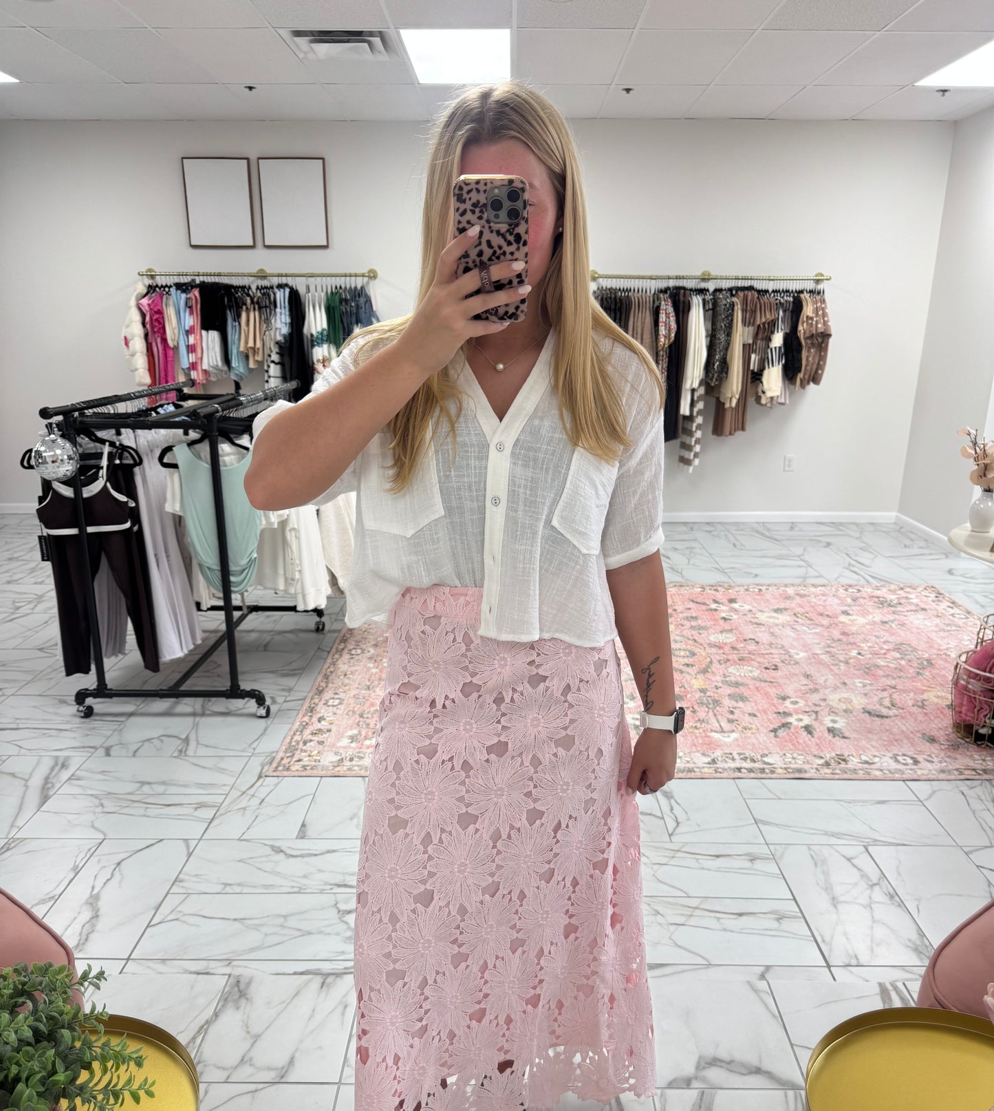 Pink Lace Midi Skirt