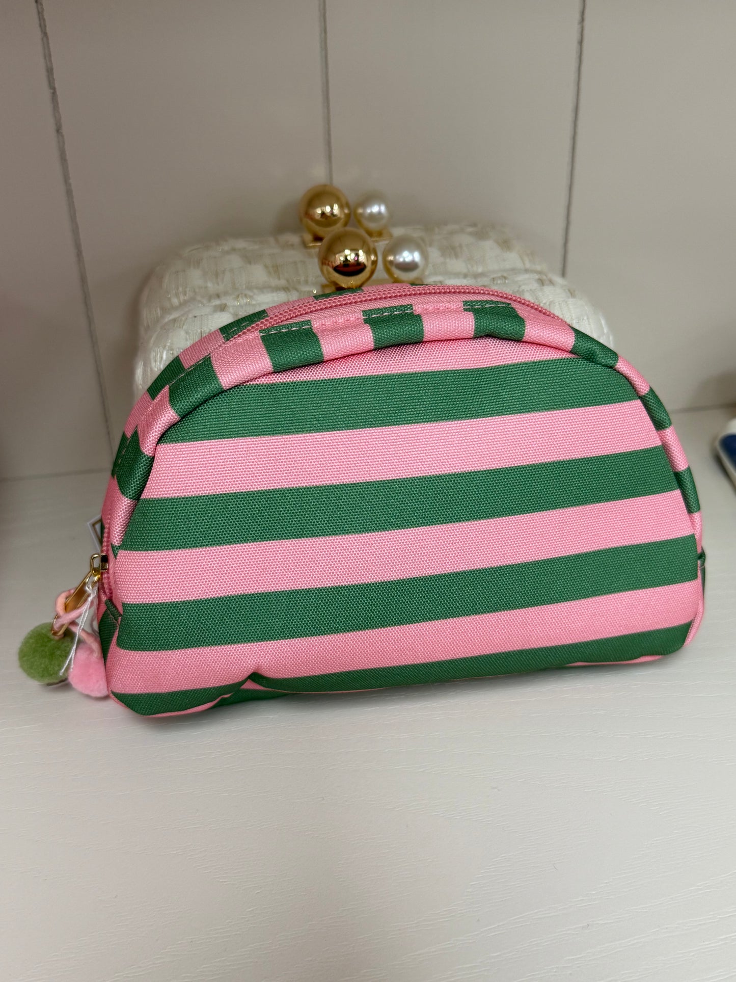 Pink and Green Striped Cosmetic Bag