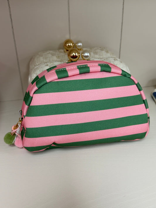 Pink and Green Striped Cosmetic Bag