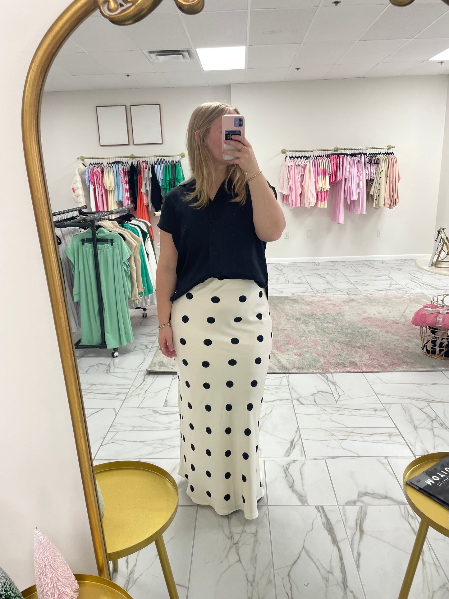 Satin Polka Dot Midi Skirt