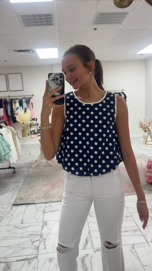 Navy and White Polka Dot Top
