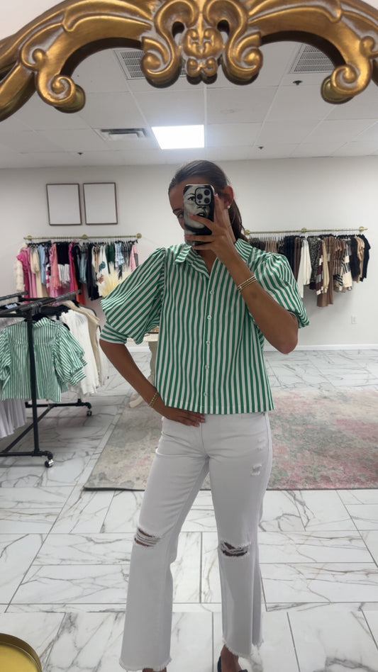 Green Striped Button Down Top