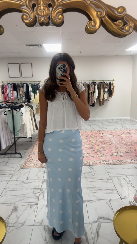 Light Blue Polka Dot Satin Midi Skirt