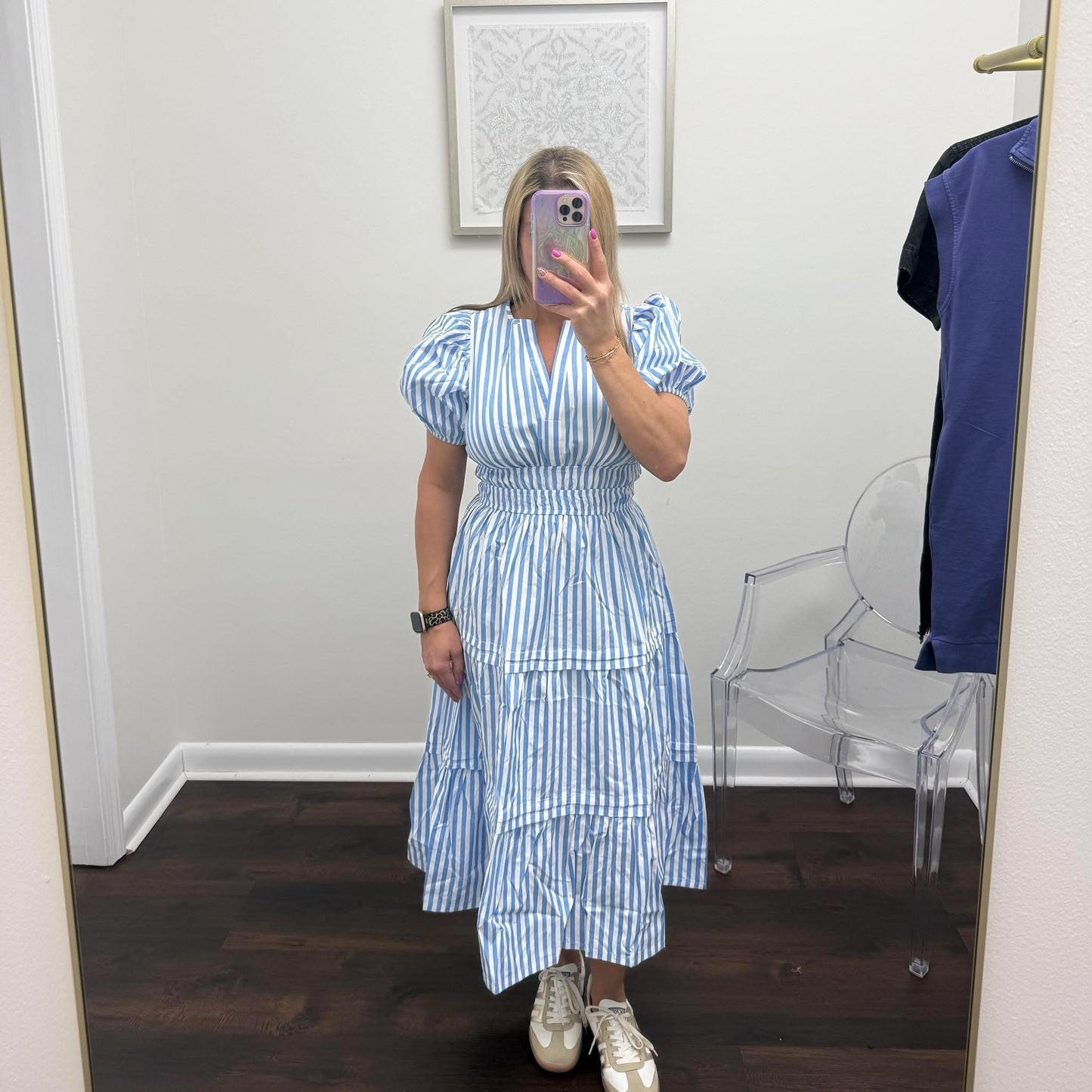 Blue and White Striped Midi Dress