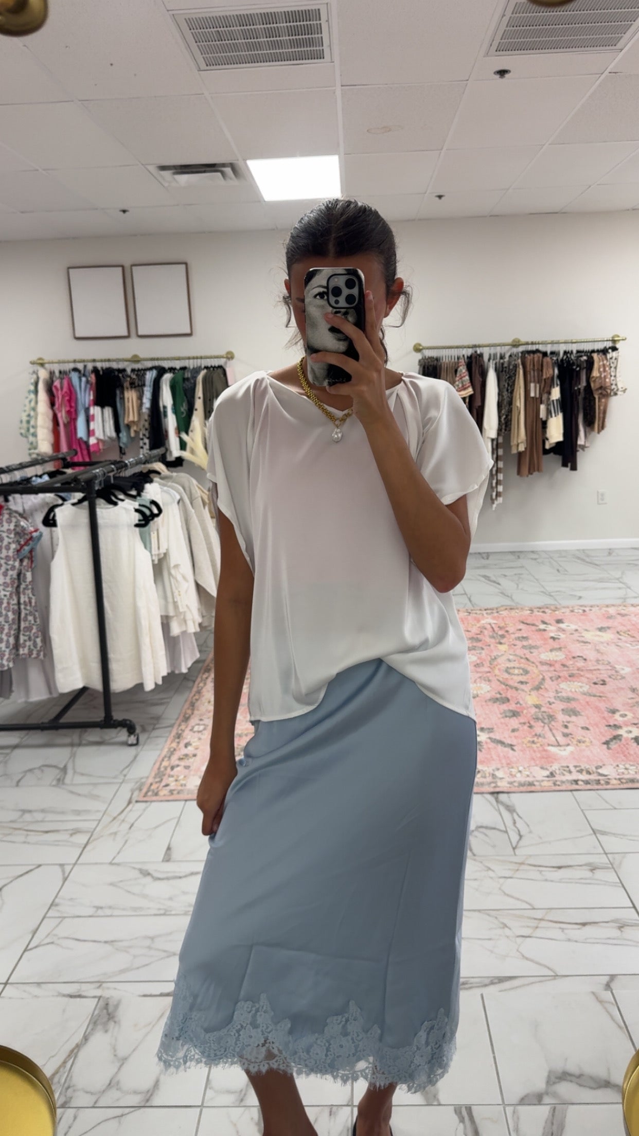 Blue Lace Satin Skirt