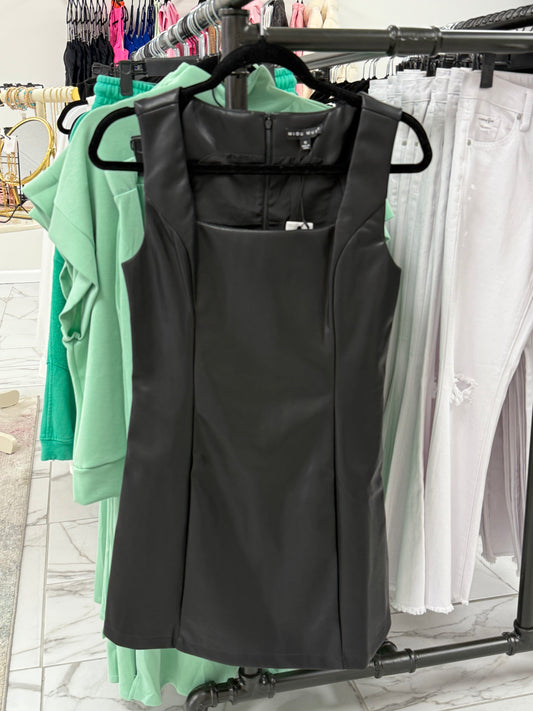 Square Neck Black Leather Dress