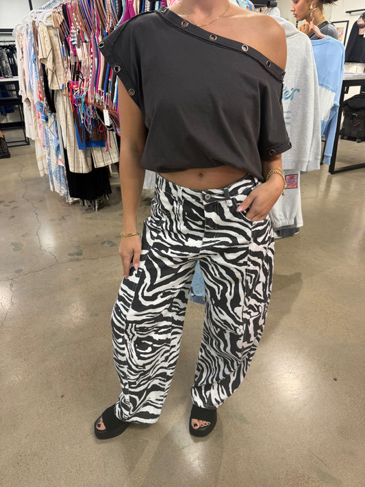 Zebra Print Denim Wide Barrel Pants