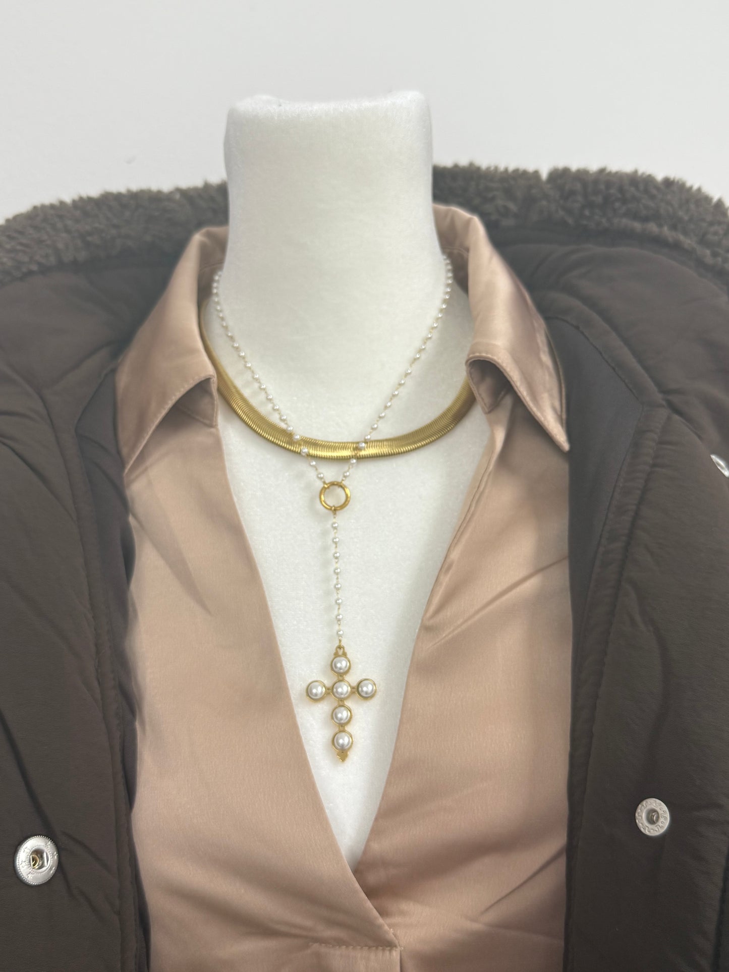 Lariat Pearl Cross Necklace
