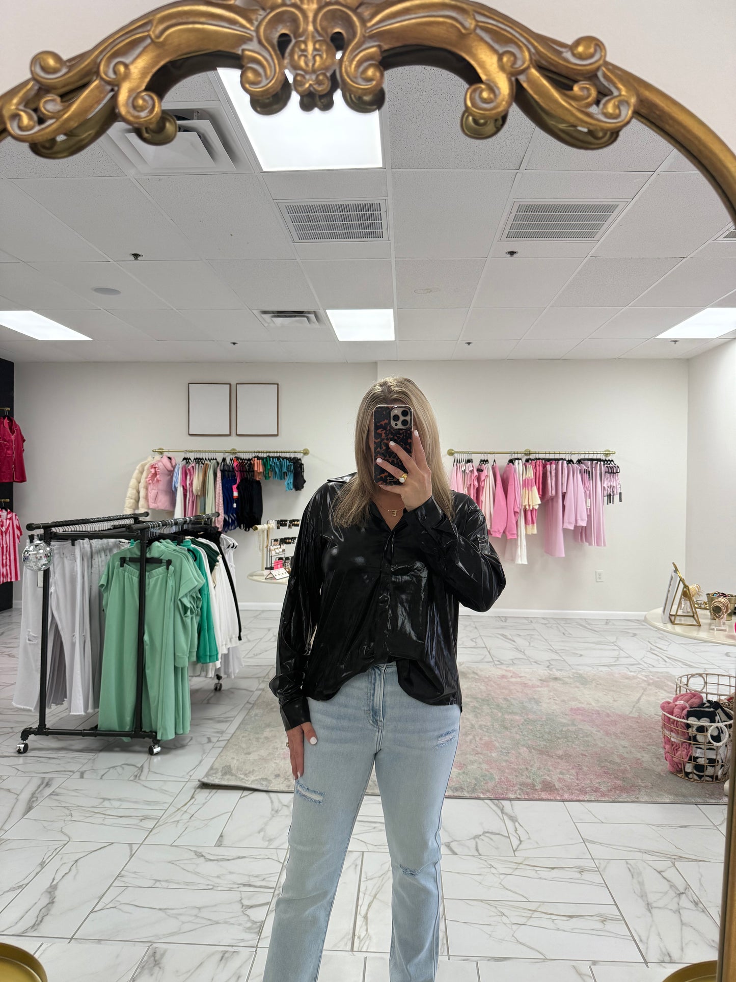 Black Metallic Long Sleeve Top