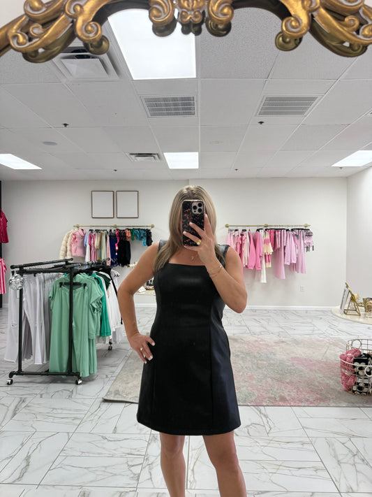 Square Neck Black Leather Dress