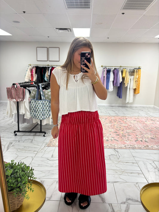 Red Striped Poplin Midi Skirt