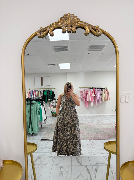 Leopard Denim Notched Collar Flare Midi Dress