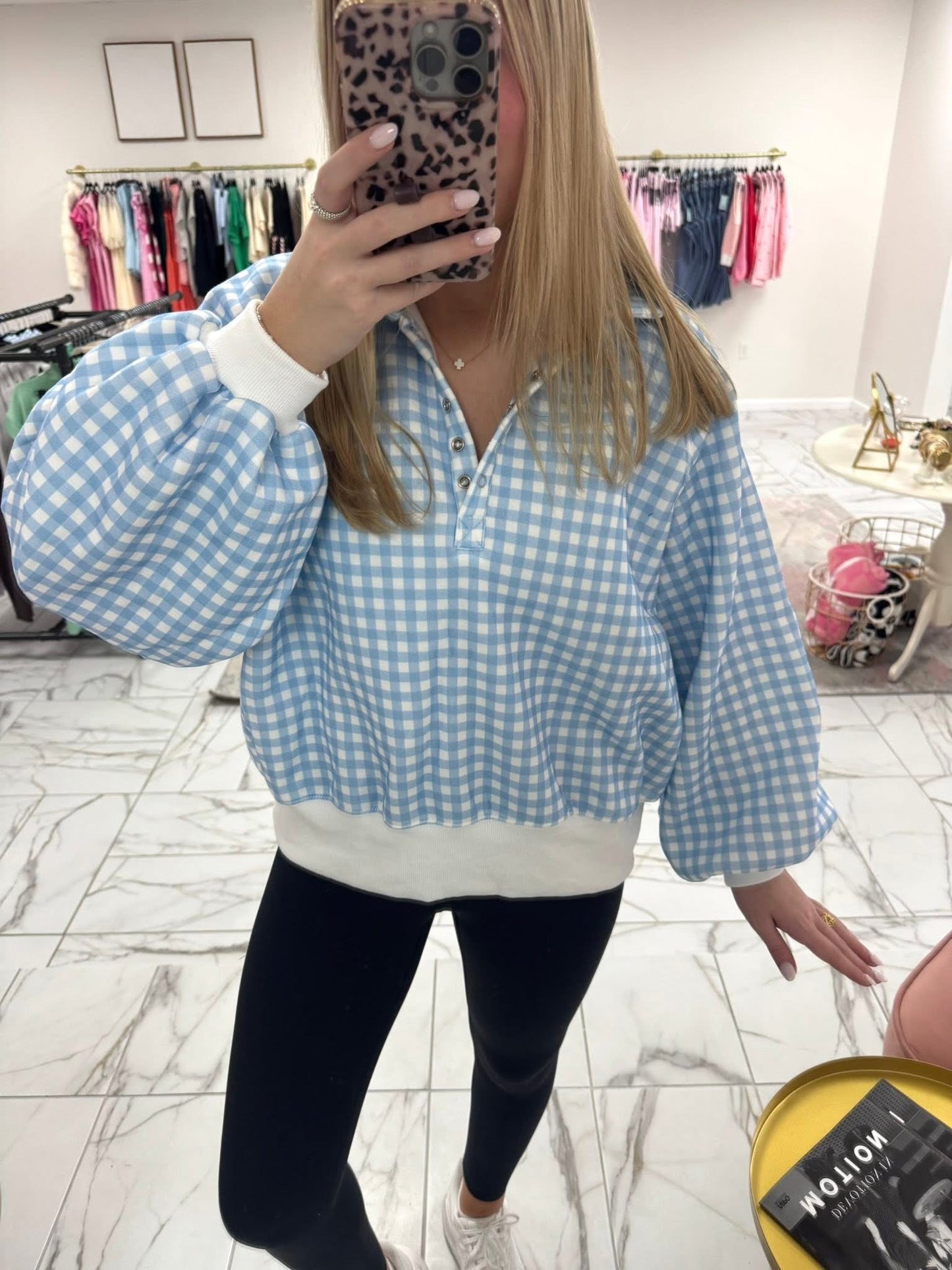 Blue and White Checkered Snap Button Sweatshirt