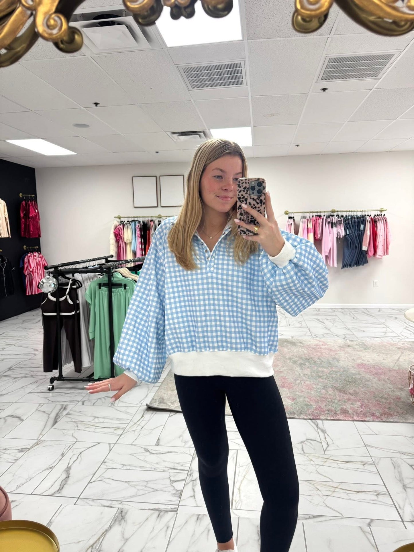 Blue and White Checkered Snap Button Sweatshirt