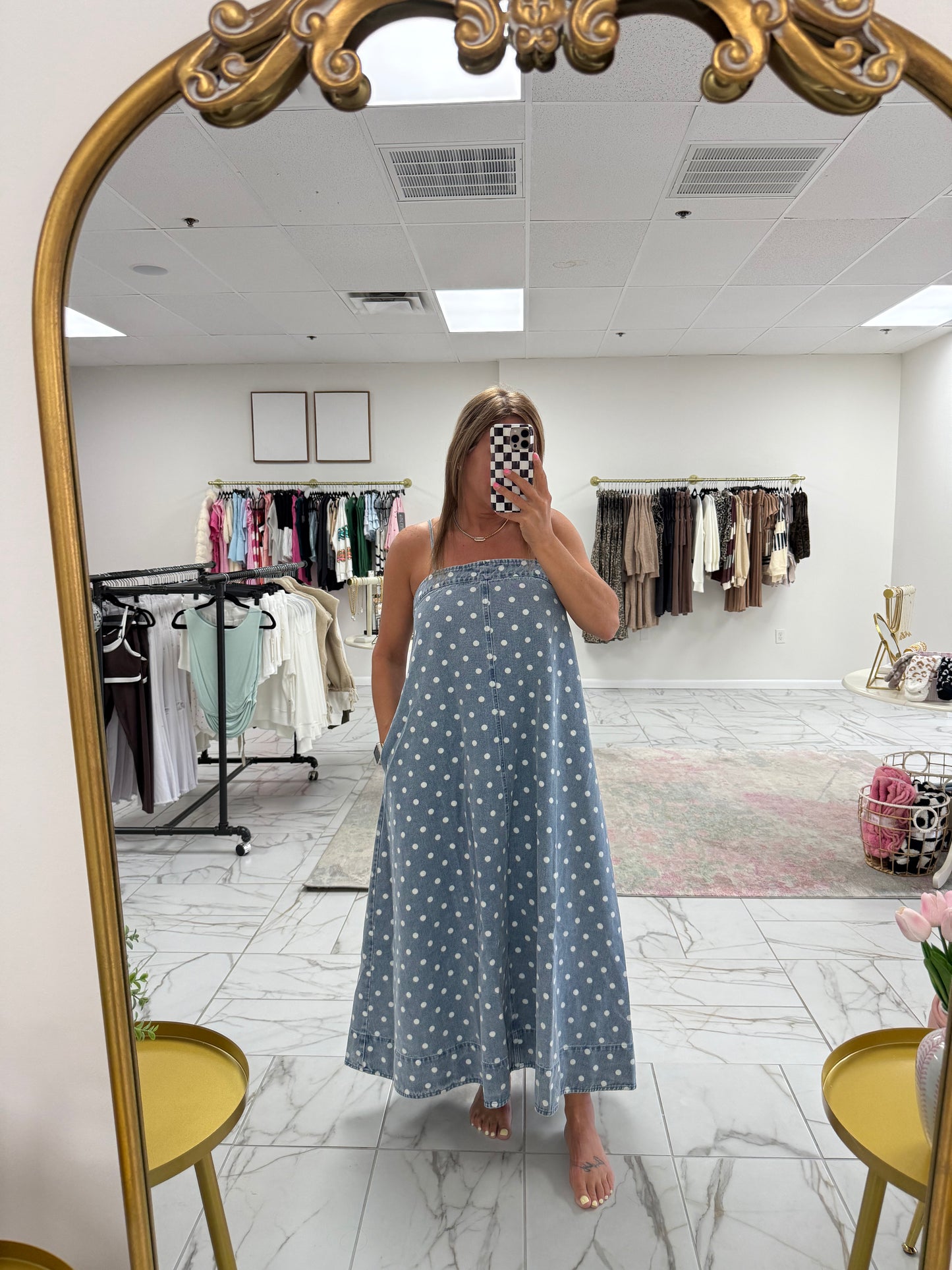 Denim Polka Dot A-Line Midi Dress